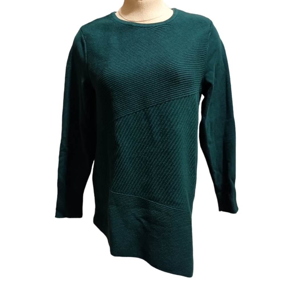 Chico's Teal Asymmetrical Hem Crew Neck Sweater Size 1 (US Size M)